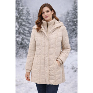 Kensie Outerwear Beige Long Puffer Coat W/ Oversized Hood Chic Size M No Belt